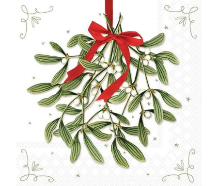 Serviettes de Noël 33x33cm motif gui feuilles vertes baies blanches ruban rouge fond blanc liseré doré
