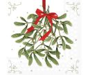 Voir la slide Serviettes de Noël 33x33cm motif gui feuilles vertes baies blanches ruban rouge fond blanc liseré doré