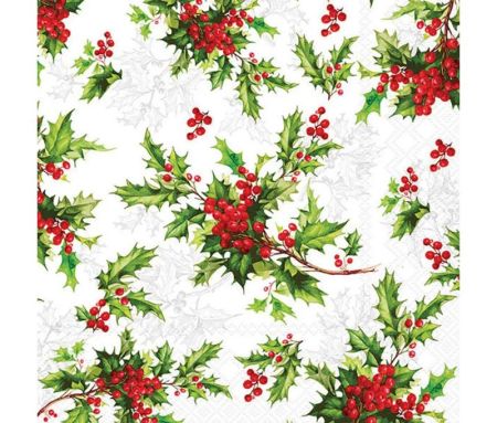 Serviettes de Noël 33x33cm motif houx feuilles vertes baies rouges fond blanc