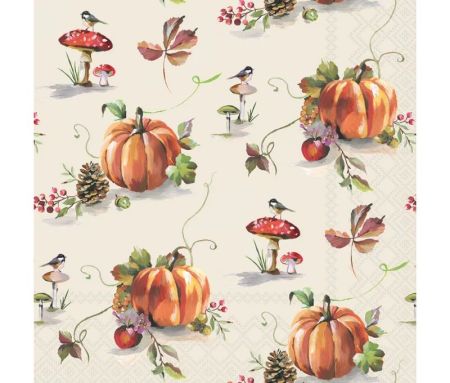 Serviettes 33x33cm motif automne citrouilles oiseaux champignons amanites pommes de pin fond crème