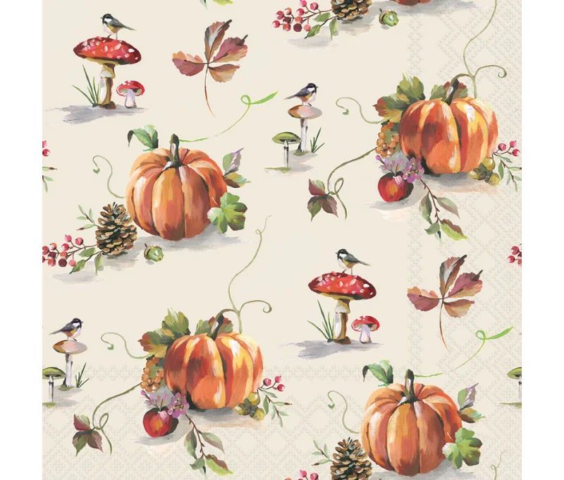 Serviettes 33x33cm motif automne citrouilles oiseaux champignons amanites pommes de pin fond crème