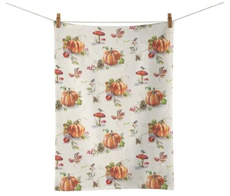 Essuie de cuisine 100% coton fond crème motif automne citrouilles champignons amanites oiseaux 50x70cm