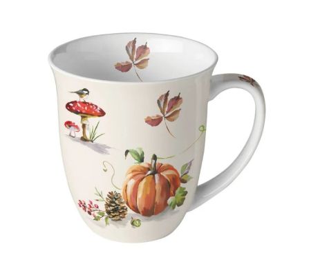 Tasse porcelaine blanche fond crème motif automne citrouille champignons amanites oiseau feuilles pommes de pin 400ml