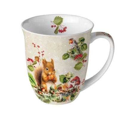 Tasse porcelaine écureuil noisette rouge-gorge houx baies rouges champignons amanites fond beige 400ml