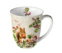 Voir la slide Tasse porcelaine écureuil noisette rouge-gorge houx baies rouges champignons amanites fond beige 400ml