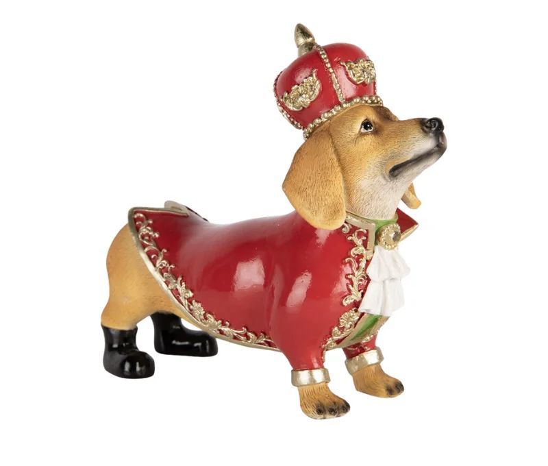 Décoration de Noël en plastique chien teckel costume rouge et or façon casse-noisette couronne bottes noires H19cm