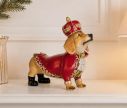 See slide Christmas plastic decoration dachshund dog red gold nutcracker-style outfit crown black boots H19cm