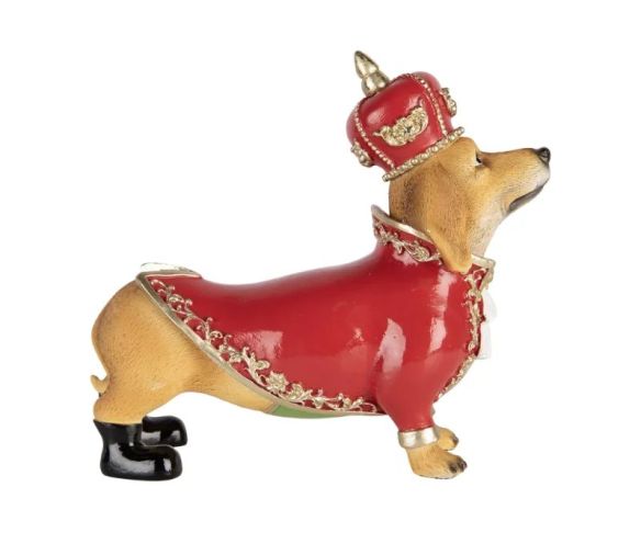 Décoration de Noël en plastique chien teckel costume rouge et or façon casse-noisette couronne bottes noires H19cm