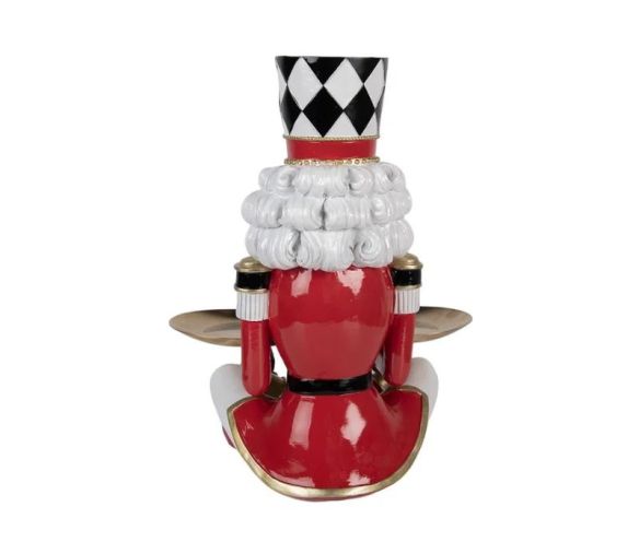 Plateau décoratif casse-noisette figurine rouge noir blanc chapeau arlequin plateau doré jambes croisées H32cm