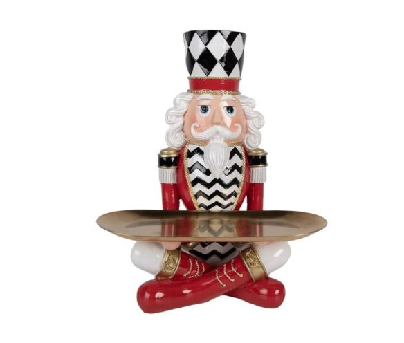 Plateau décoratif casse-noisette figurine rouge noir blanc chapeau arlequin plateau doré jambes croisées H32cm