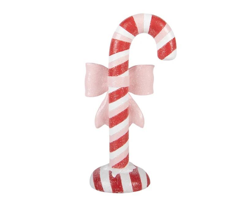 Décoration de Noël en plastique canne en sucre d'orge rayures rouge blanc rose pailletées nœud rose socle rond H20cm