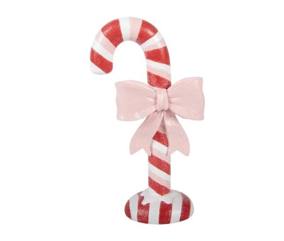 Christmas plastic decoration candy cane red white pink glitter stripes pink bow round base H20cm