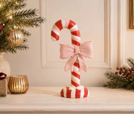 Décoration de Noël en plastique canne en sucre d'orge rayures rouge blanc rose pailletées nœud rose socle rond H20cm