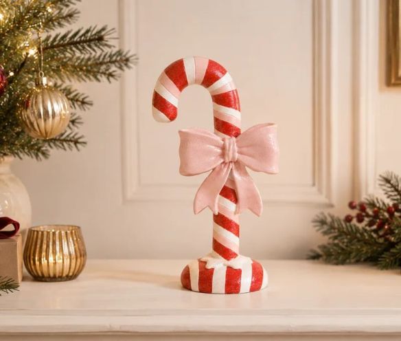 Décoration de Noël en plastique canne en sucre d'orge rayures rouge blanc rose pailletées nœud rose socle rond H20cm