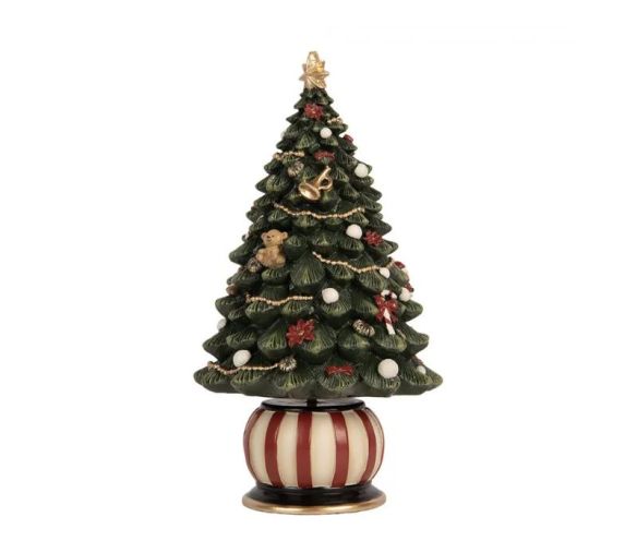 Christmas tree musical box green decorated Santa red baubles gold garland red white striped base Ø13 x H23cm