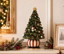 Voir la slide Boîte à musique sapin de Noël vert décoré Père Noël boules rouges guirlande dorée socle rayé rouge blanc Ø13 x H23cm