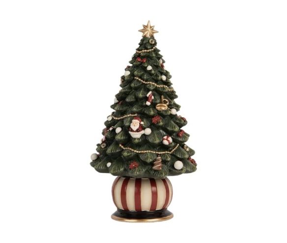 Boîte à musique sapin de Noël vert décoré Père Noël boules rouges guirlande dorée socle rayé rouge blanc Ø13 x H23cm