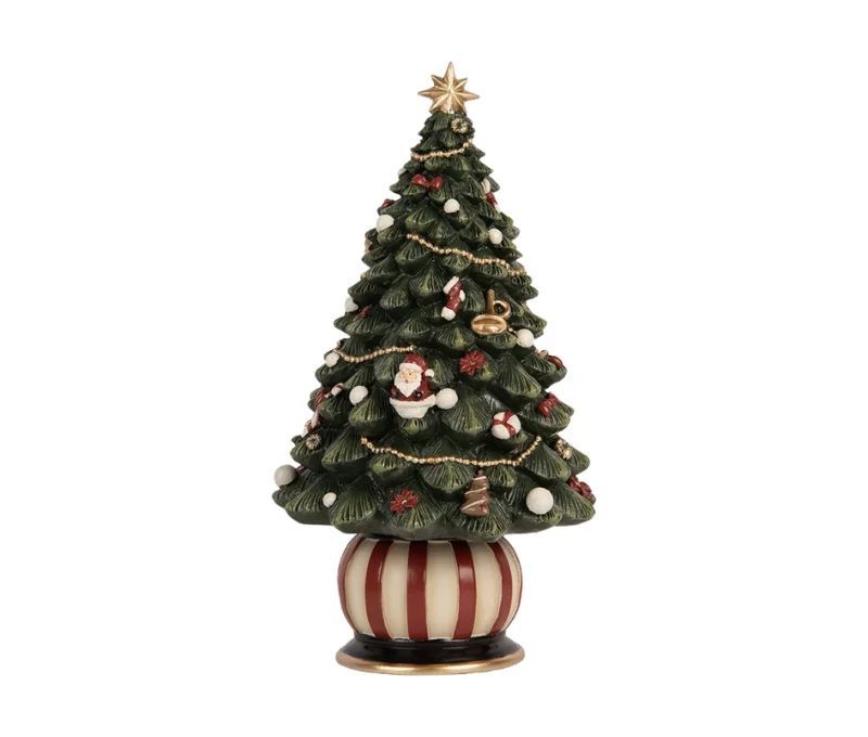 Christmas tree musical box green decorated Santa red baubles gold garland red white striped base Ø13 x H23cm