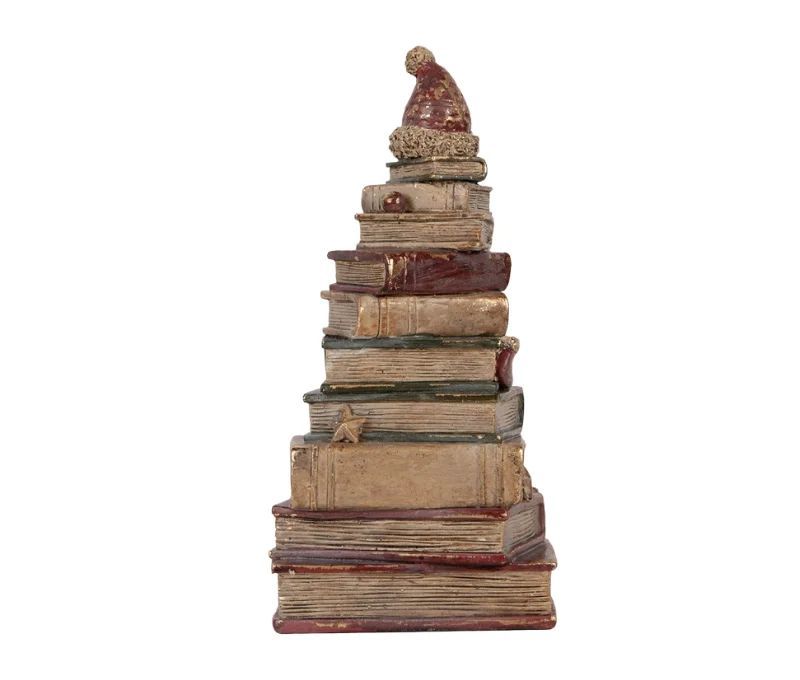 Décoration de Noël pile de livres vintage rouge vert bonnet Père Noël étoile dorée canne de sucre H26cm