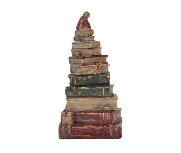 Décoration de Noël pile de livres vintage rouge vert bonnet Père Noël étoile dorée canne de sucre H26cm