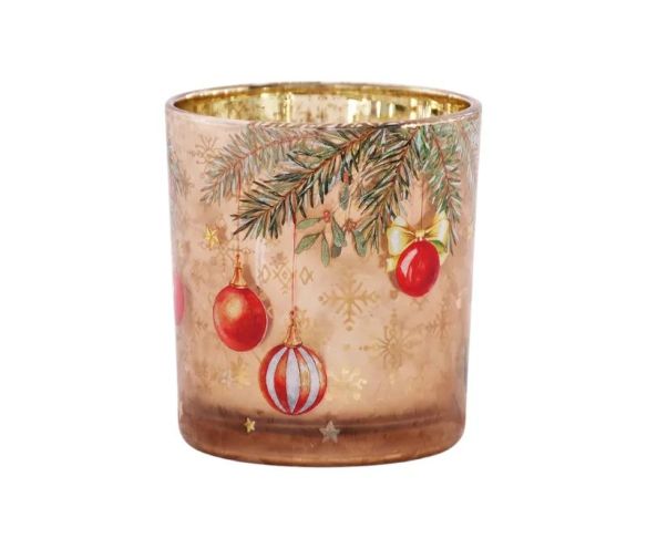 Photophore de Noël en verre brun intérieur doré miroir sapin houx nœud doré boules rouges flocons dorés Ø7 x H8cm