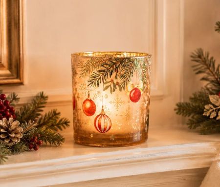 Photophore de Noël en verre brun intérieur doré miroir sapin houx nœud doré boules rouges flocons dorés Ø7 x H8cm