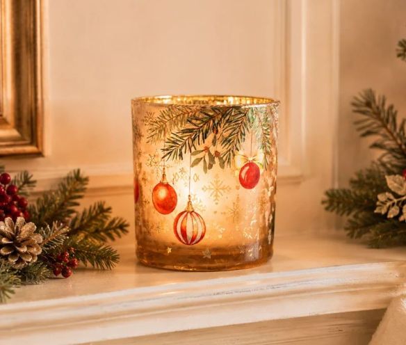 Photophore de Noël en verre brun intérieur doré miroir sapin houx nœud doré boules rouges flocons dorés Ø7 x H8cm