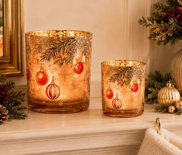 Photophore de Noël en verre brun miroité sapin boules rouges vertes rayées étoiles dorées Ø10 x H13cm