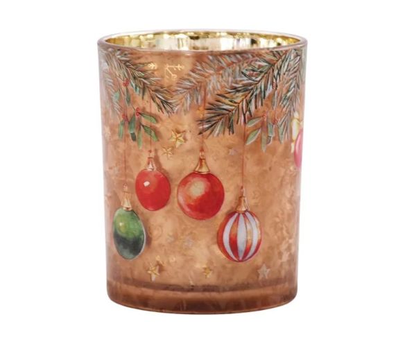 Christmas glass tea light holder brown mercury pine red green striped baubles gold stars Ø10 x H13cm