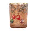 Voir la slide Photophore de Noël en verre brun miroité sapin boules rouges vertes rayées étoiles dorées Ø10 x H13cm