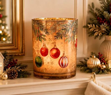 Photophore de Noël en verre brun miroité sapin boules rouges vertes rayées étoiles dorées Ø10 x H13cm