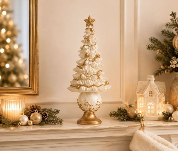 White Christmas tree decoration gold star garland gold baubles white gold ball base gold pedestal Ø13 x H32cm