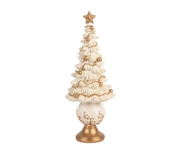 Décoration de Noël sapin blanc étoile dorée guirlande boules dorées socle boule blanche dorée pied doré Ø13 x H32cm