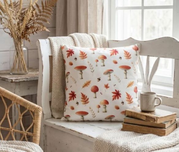 Coussin d'automne blanc motif champignons amanites feuilles d'automne glands L45 x l45cm