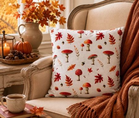 Autumn cushion white fly agaric mushrooms autumn leaves acorns pattern L45 x W45cm