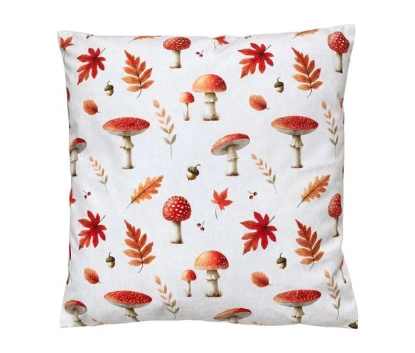 Coussin d'automne blanc motif champignons amanites feuilles d'automne glands L45 x l45cm