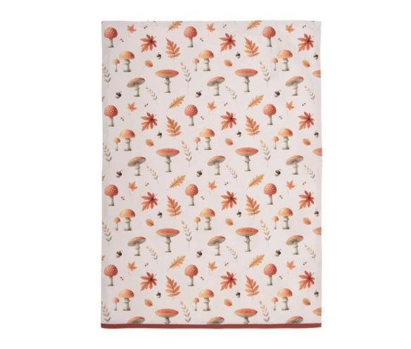Torchon de cuisine 100% coton fond crème motif champignons amanites feuilles d'automne glands liseré rouge 50x70cm