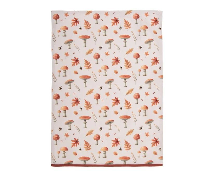 Torchon de cuisine 100% coton fond crème motif champignons amanites feuilles d'automne glands liseré rouge 50x70cm