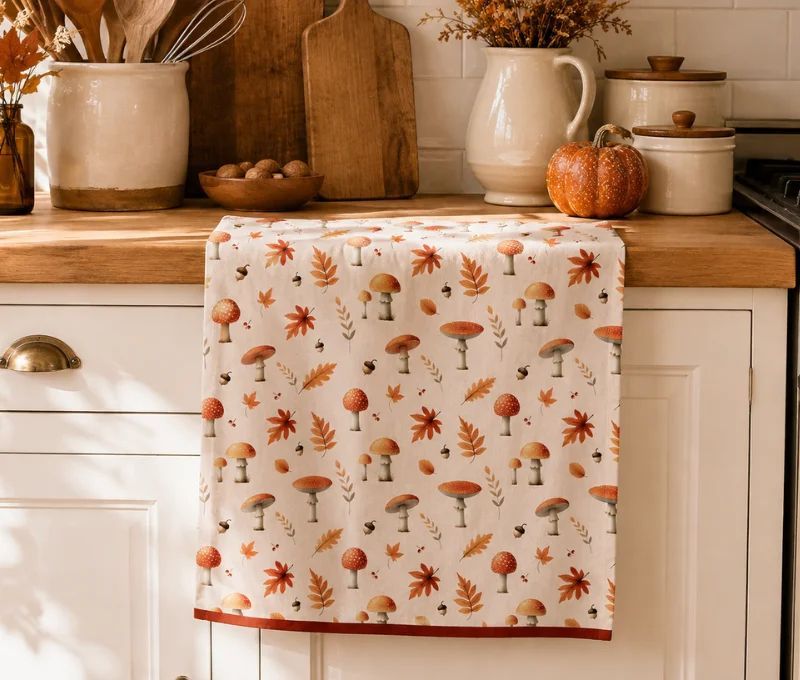 Torchon de cuisine 100% coton fond crème motif champignons amanites feuilles d'automne glands liseré rouge 50x70cm