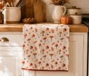 Voir la slide Torchon de cuisine 100% coton fond crème motif champignons amanites feuilles d'automne glands liseré rouge 50x70cm