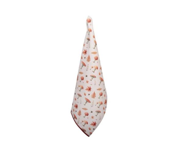 Torchon de cuisine 100% coton fond crème motif champignons amanites feuilles d'automne glands liseré rouge 50x70cm