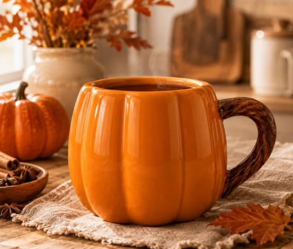 Mug citrouille en céramique orange côtelé anse marron texturée forme branche 350ml