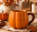 See slide Ceramic pumpkin mug orange ribbed brown textured branch-shaped handle 350ml