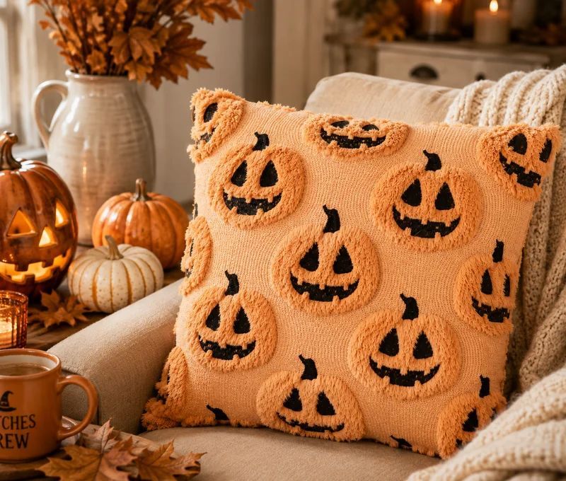 Coussin orange texturé citrouilles Halloween visages souriants brodés noir franges L45 x l45cm