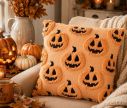 See slide Orange textured cushion Halloween pumpkin faces embroidered black fringe L45 x W45cm