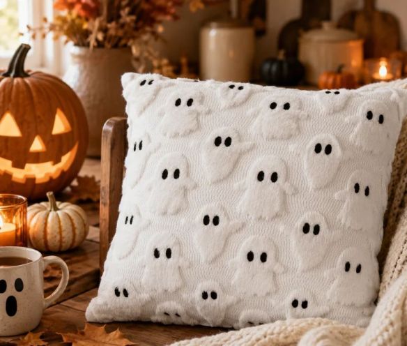 Coussin blanc texturé fantômes Halloween yeux noirs brodés relief bouclé L45 x l45cm
