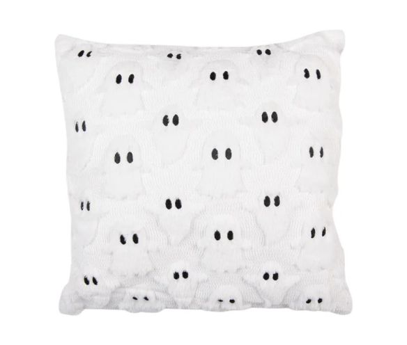 Coussin blanc texturé fantômes Halloween yeux noirs brodés relief bouclé L45 x l45cm