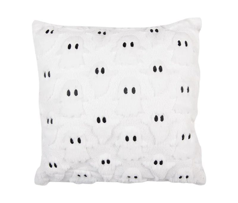 Coussin blanc texturé fantômes Halloween yeux noirs brodés relief bouclé L45 x l45cm