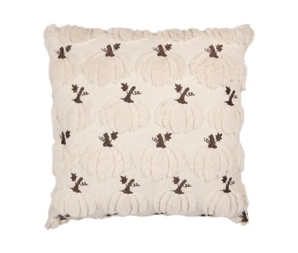 Coussin beige texturé pompons citrouilles brodées tiges marron franges L40 x l40cm