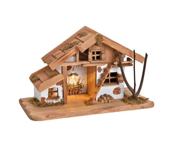 Maison de crèche en bois pin MDF éclairage LED toit mousse échelle murs blancs L39 x H23 x P19cm
